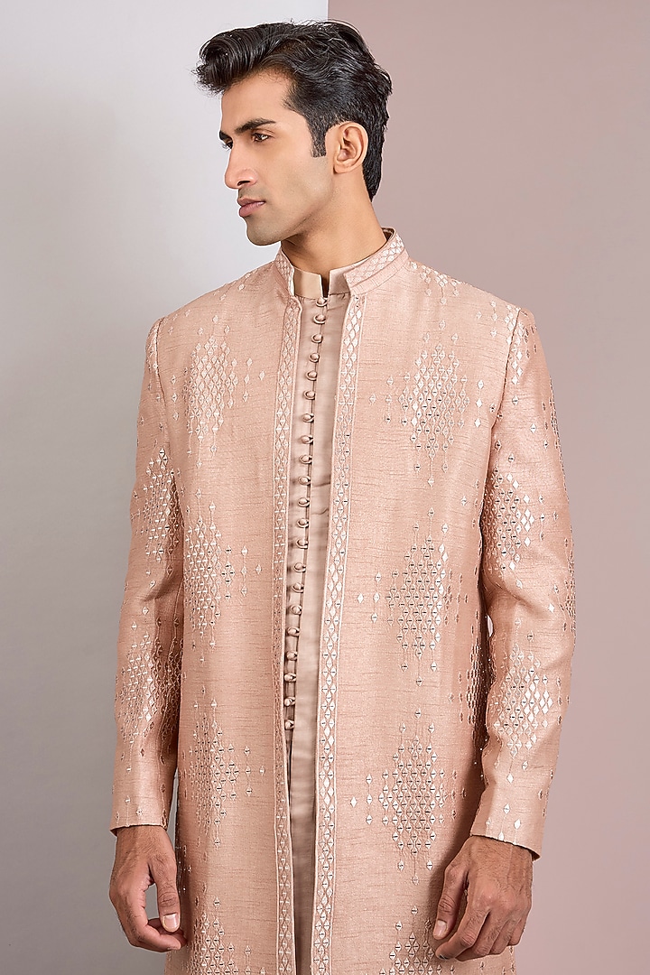 Champagne Terry Wool Chikankari Wedding Indowestern Jacket Set by Bohame Men at Pernia's Pop Up Shop