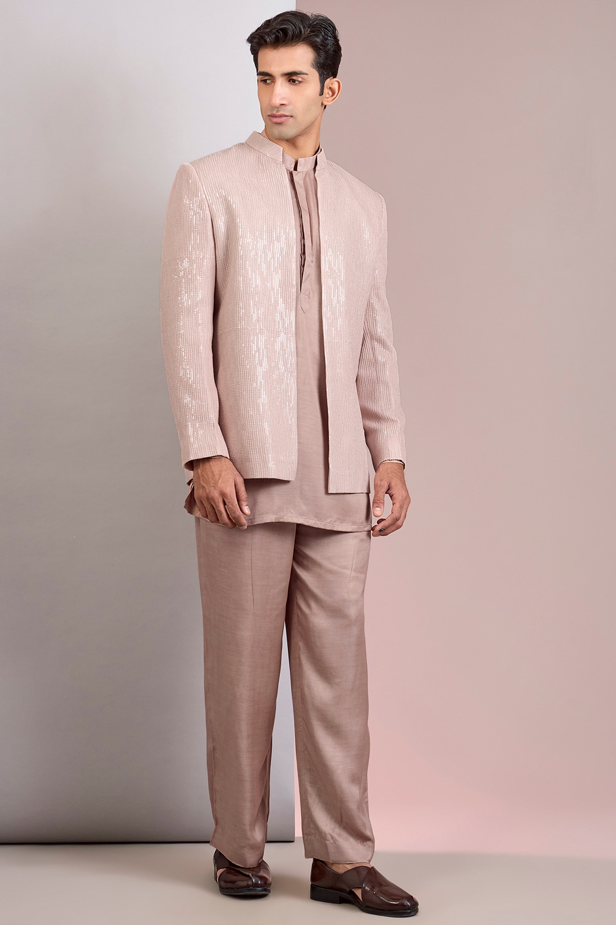 Bohame Champagne Modal Satin Indowestern Jacket Set