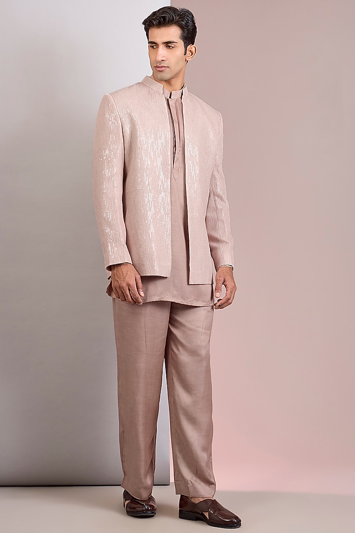 Champagne Modal Satin Wedding Indowestern Jacket Set by Bohame Men at Pernia's Pop Up Shop