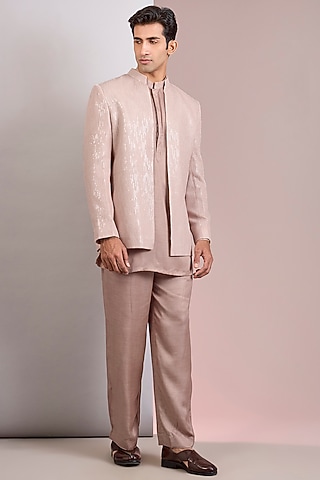 Champagne Modal Satin Indowestern Jacket Set by Bohame Men