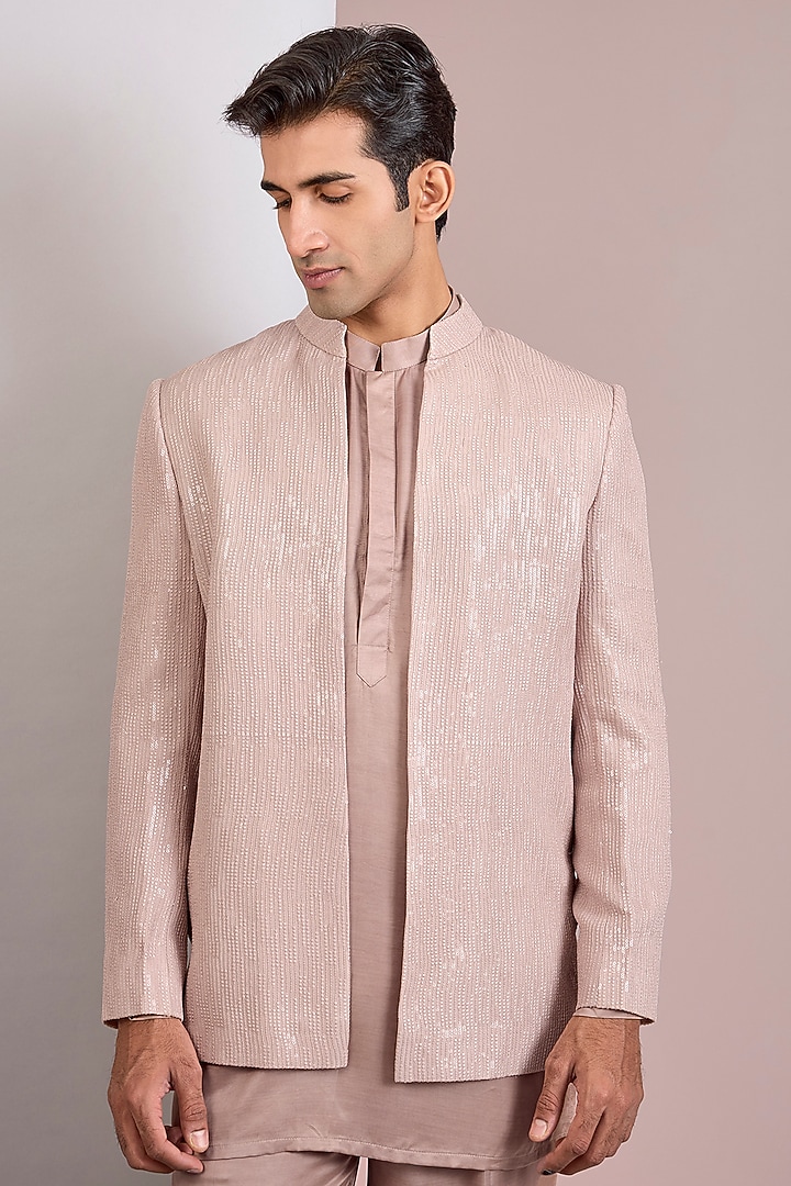 Champagne Modal Satin Wedding Indowestern Jacket Set by Bohame Men at Pernia's Pop Up Shop