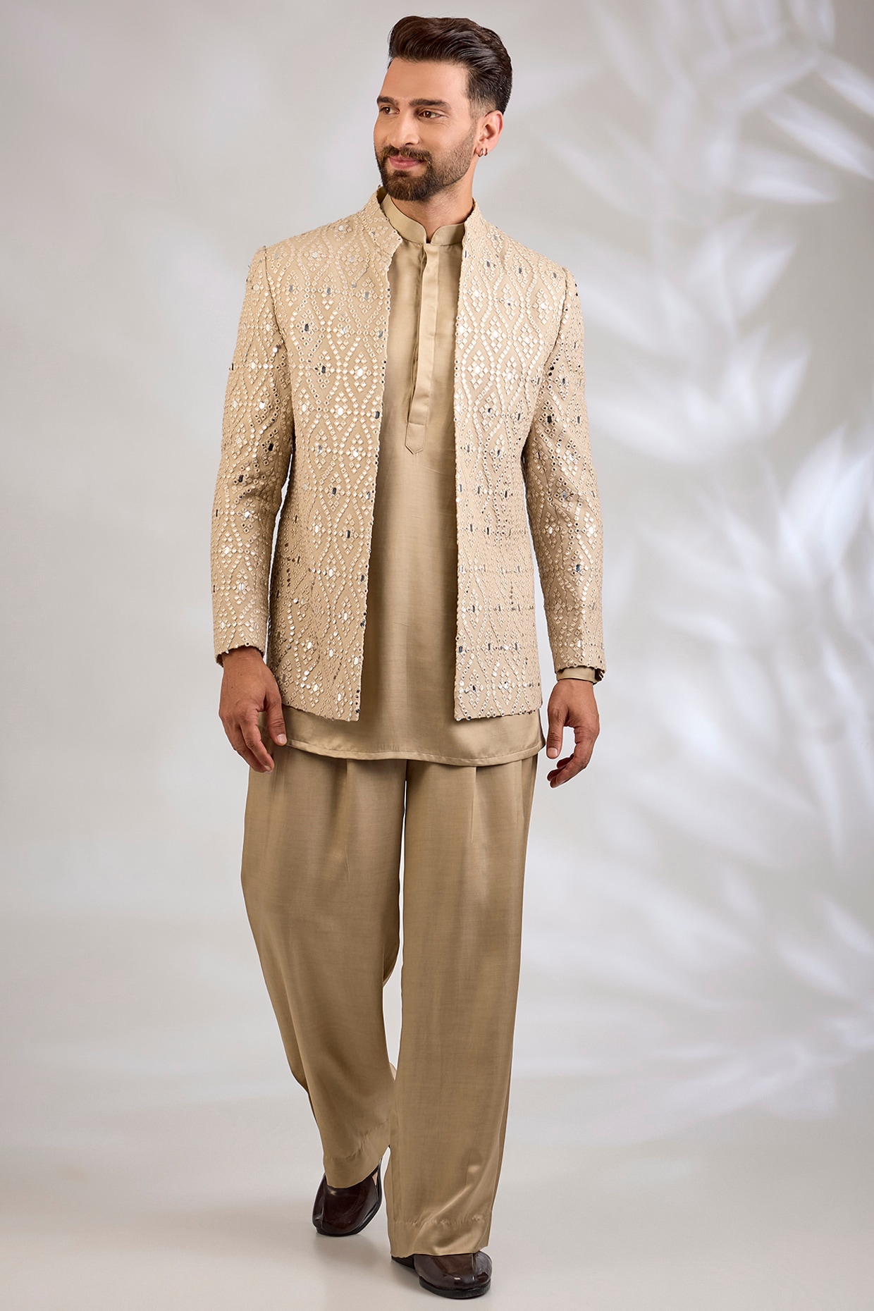 Bohame Beige Gold Georgette Chikankari Embroidered Indowestern Set