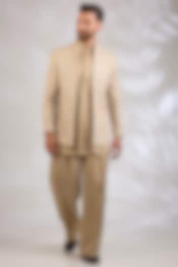 Beige Gold Georgette Chikankari Embroidered Wedding Indowestern Set by Bohame Men at Pernia's Pop Up Shop