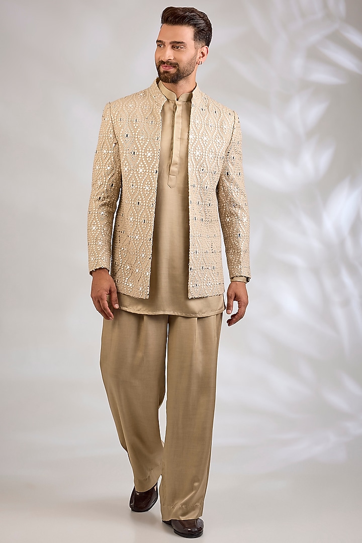 Beige Gold Georgette Chikankari Embroidered Wedding Indowestern Set by Bohame Men at Pernia's Pop Up Shop