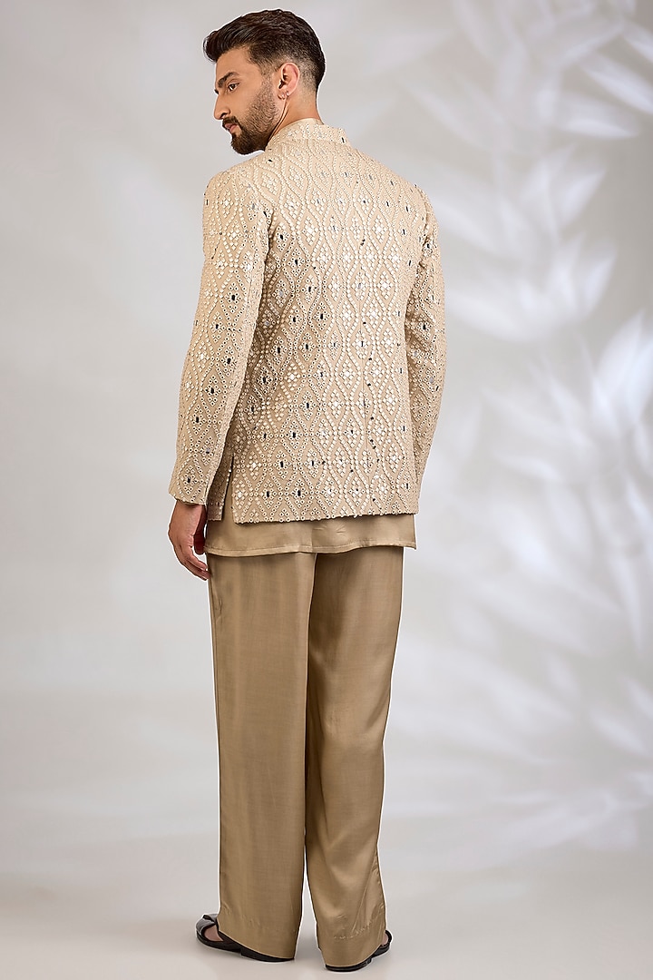 Beige Gold Georgette Chikankari Embroidered Wedding Indowestern Set by Bohame Men at Pernia's Pop Up Shop