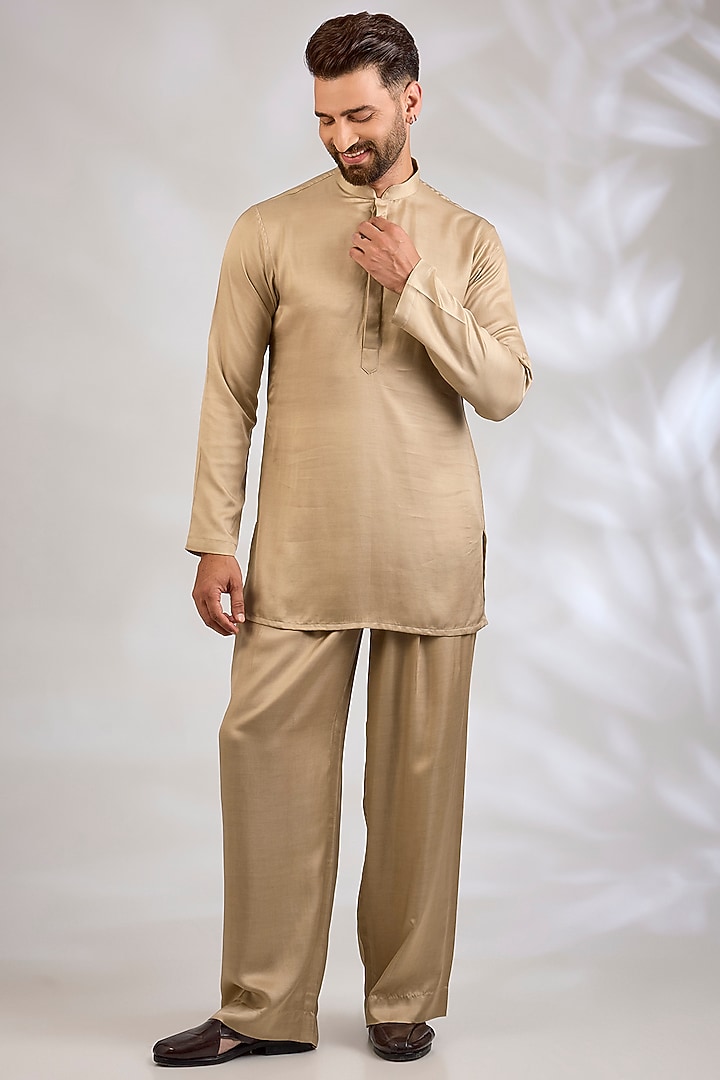 Beige Gold Georgette Chikankari Embroidered Wedding Indowestern Set by Bohame Men at Pernia's Pop Up Shop