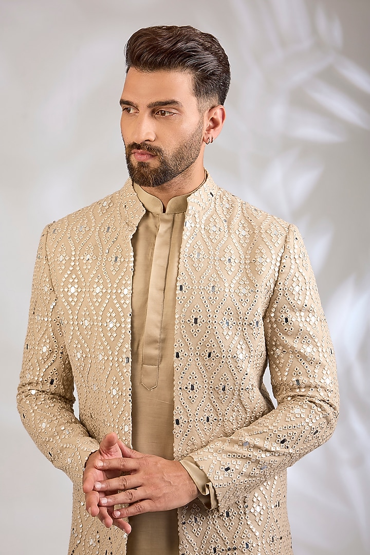 Beige Gold Georgette Chikankari Embroidered Wedding Indowestern Set by Bohame Men at Pernia's Pop Up Shop