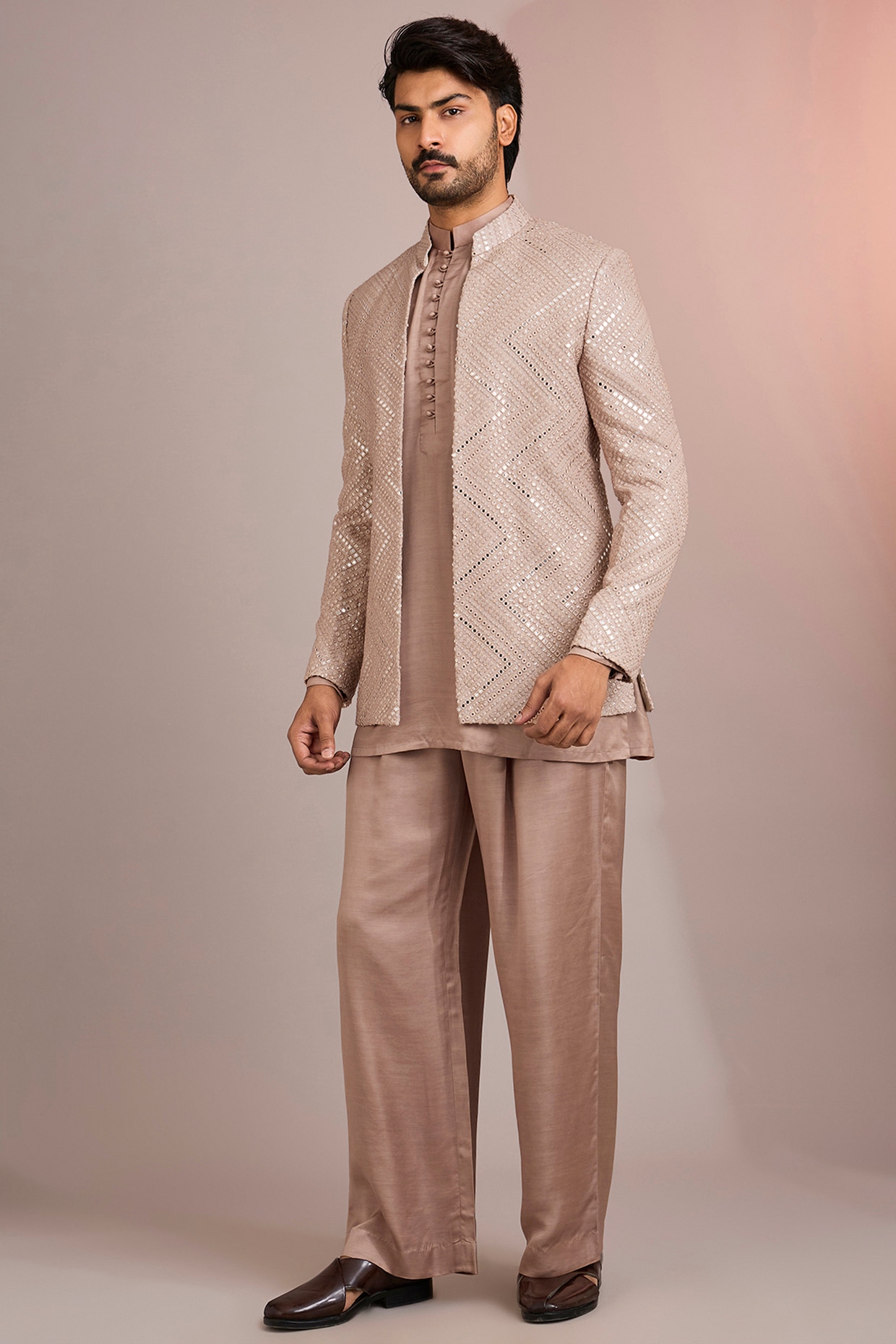 Bohame Rose Gold Silk Indowestern Set