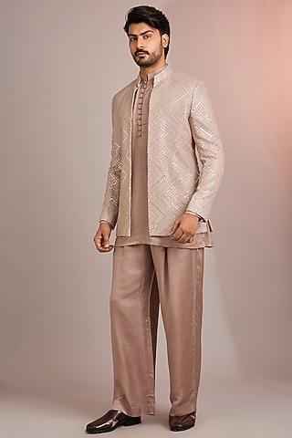 Rose Gold Silk Indowestern Set by Bohame Men
