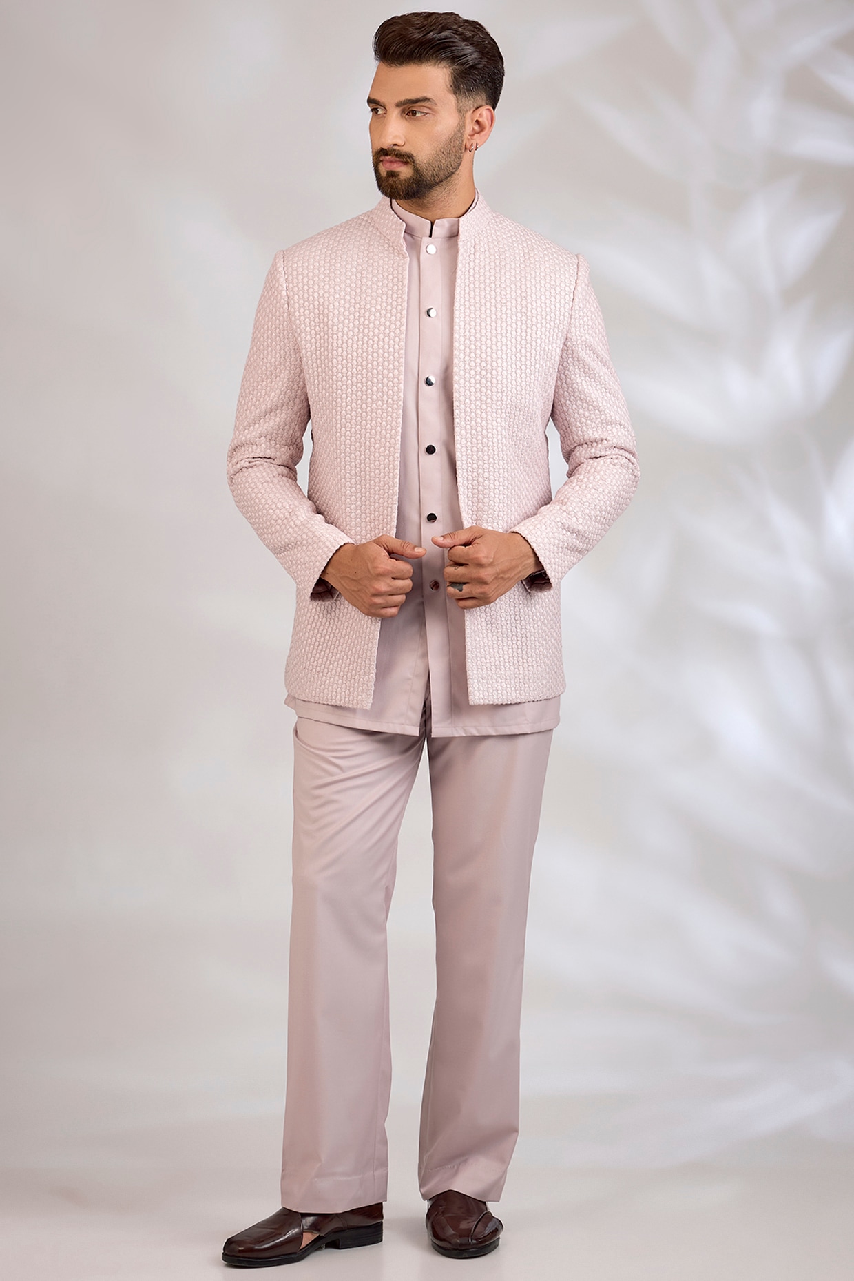 Bohame Light Pink Raw Silk & Suiting Indowestern Set