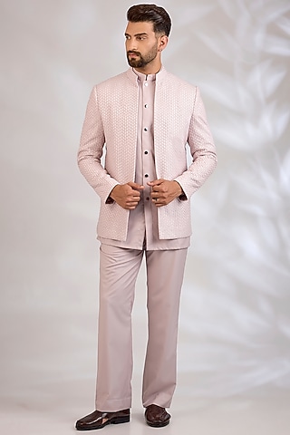 Light Pink Raw Silk & Suiting Indowestern Set by Bohame Men
