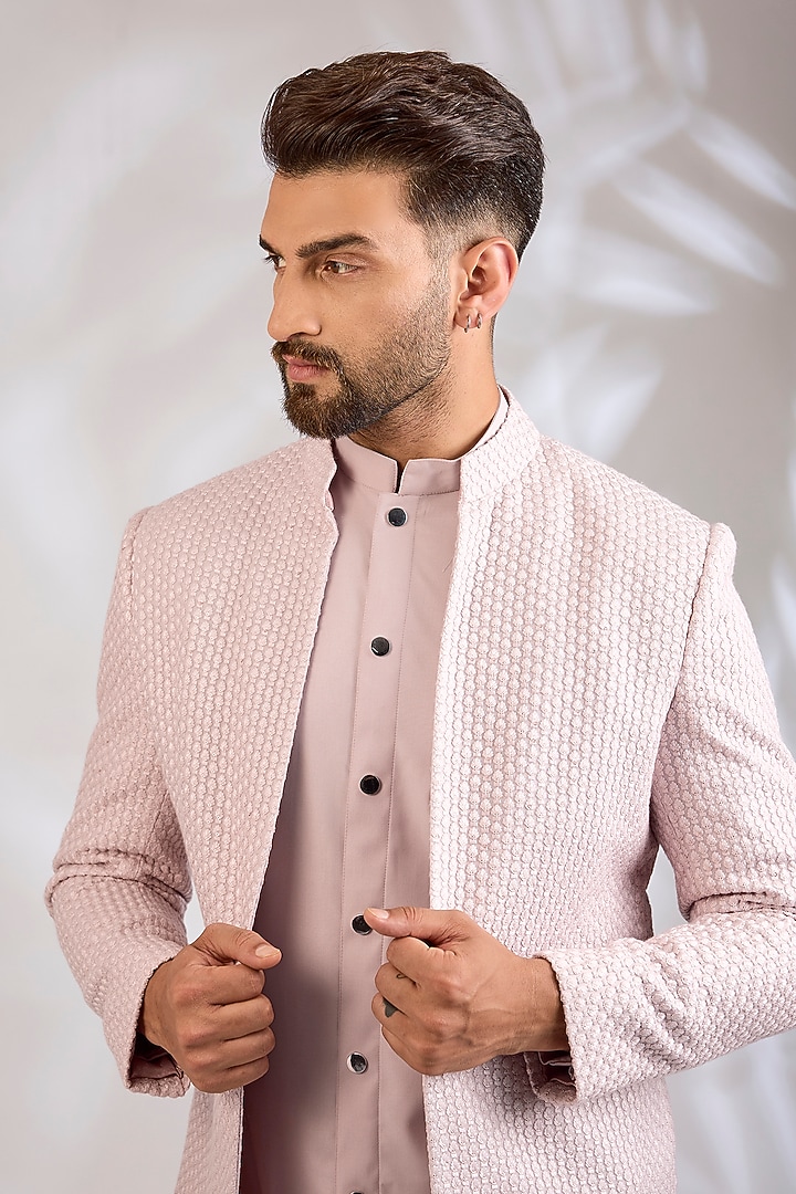 Light Pink Raw Silk & Suiting Wedding Indowestern Set by Bohame Men at Pernia's Pop Up Shop