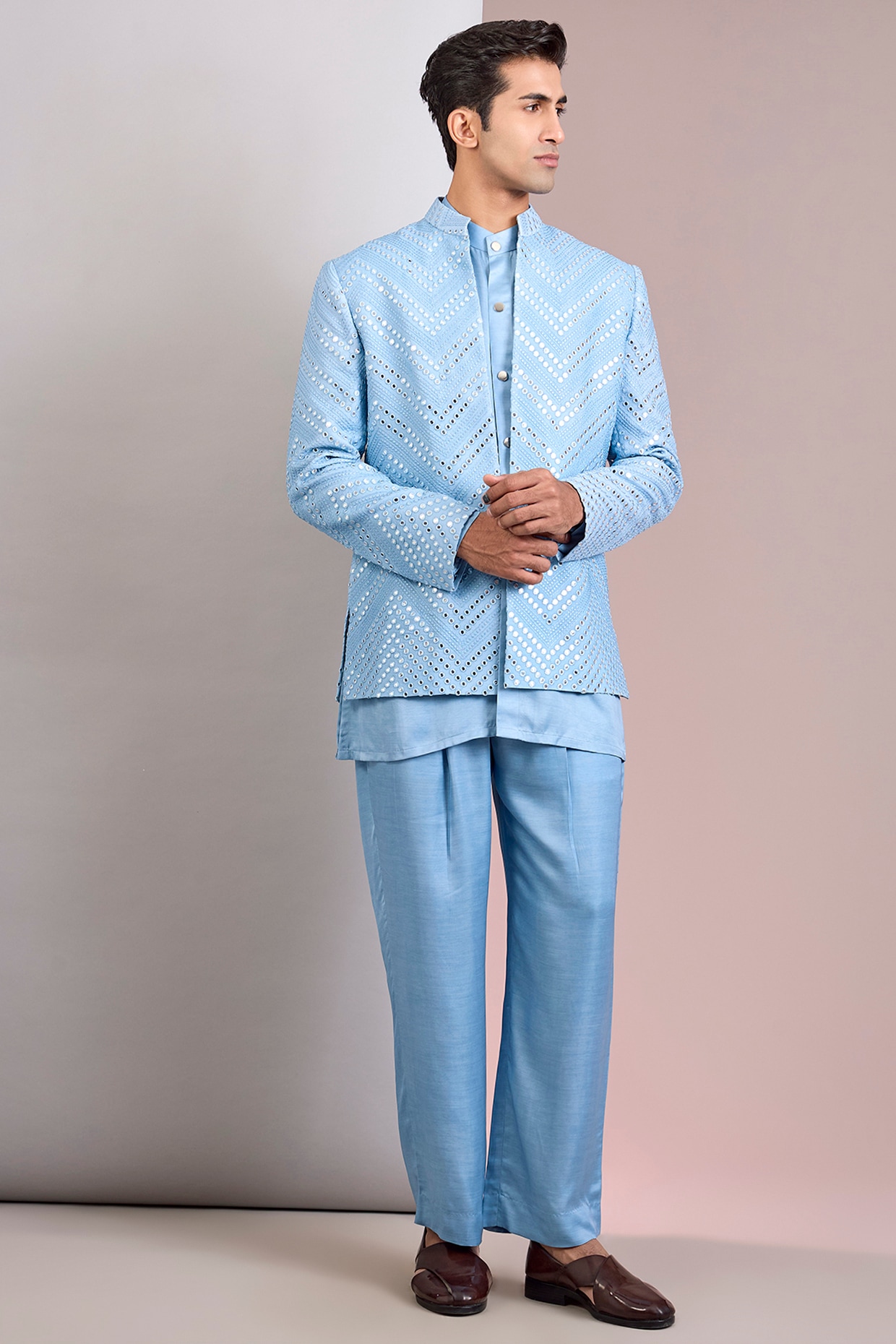 Bohame Light Blue Terry Wool Chikankari Indowestern Jacket Set