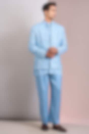 Light Blue Terry Wool Chikankari Wedding Indowestern Jacket Set by Bohame Men at Pernia's Pop Up Shop