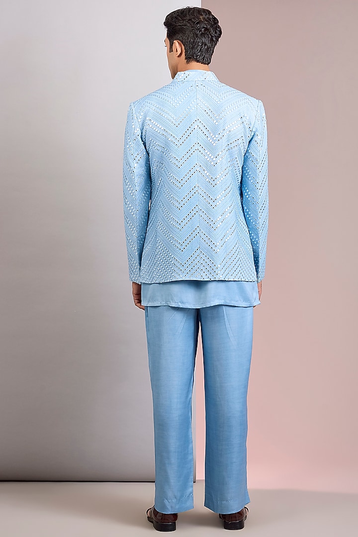 Light Blue Terry Wool Chikankari Wedding Indowestern Jacket Set by Bohame Men at Pernia's Pop Up Shop