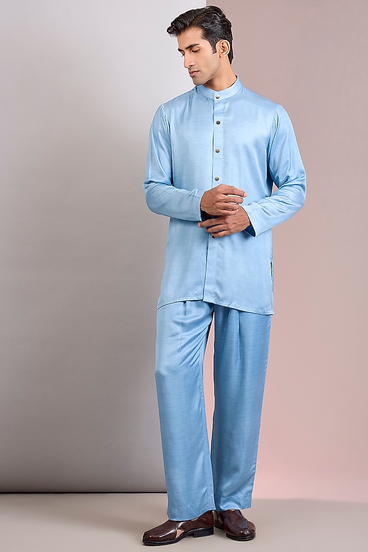 Light Blue Terry Wool Chikankari Wedding Indowestern Jacket Set by Bohame Men at Pernia's Pop Up Shop