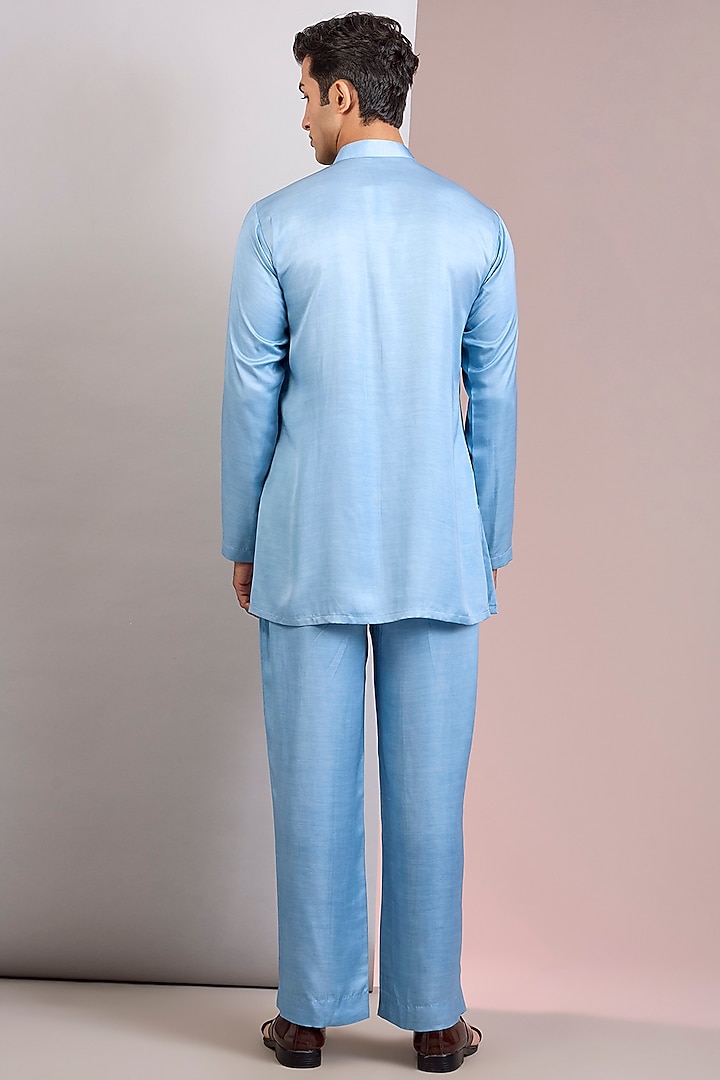 Light Blue Terry Wool Chikankari Wedding Indowestern Jacket Set by Bohame Men at Pernia's Pop Up Shop