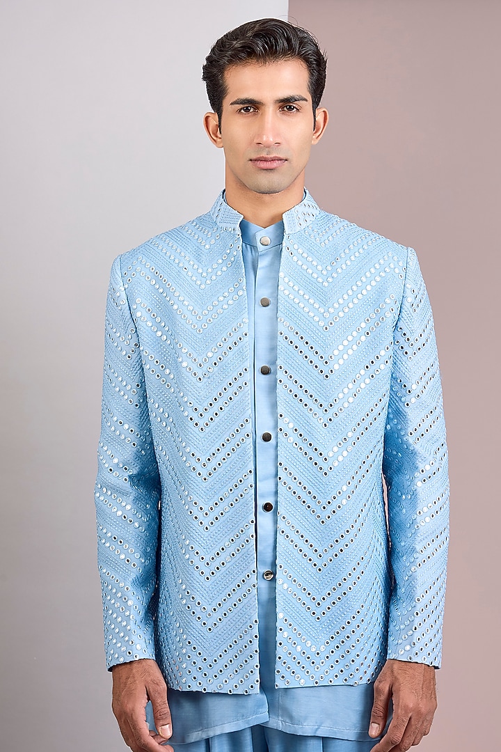 Light Blue Terry Wool Chikankari Wedding Indowestern Jacket Set by Bohame Men at Pernia's Pop Up Shop