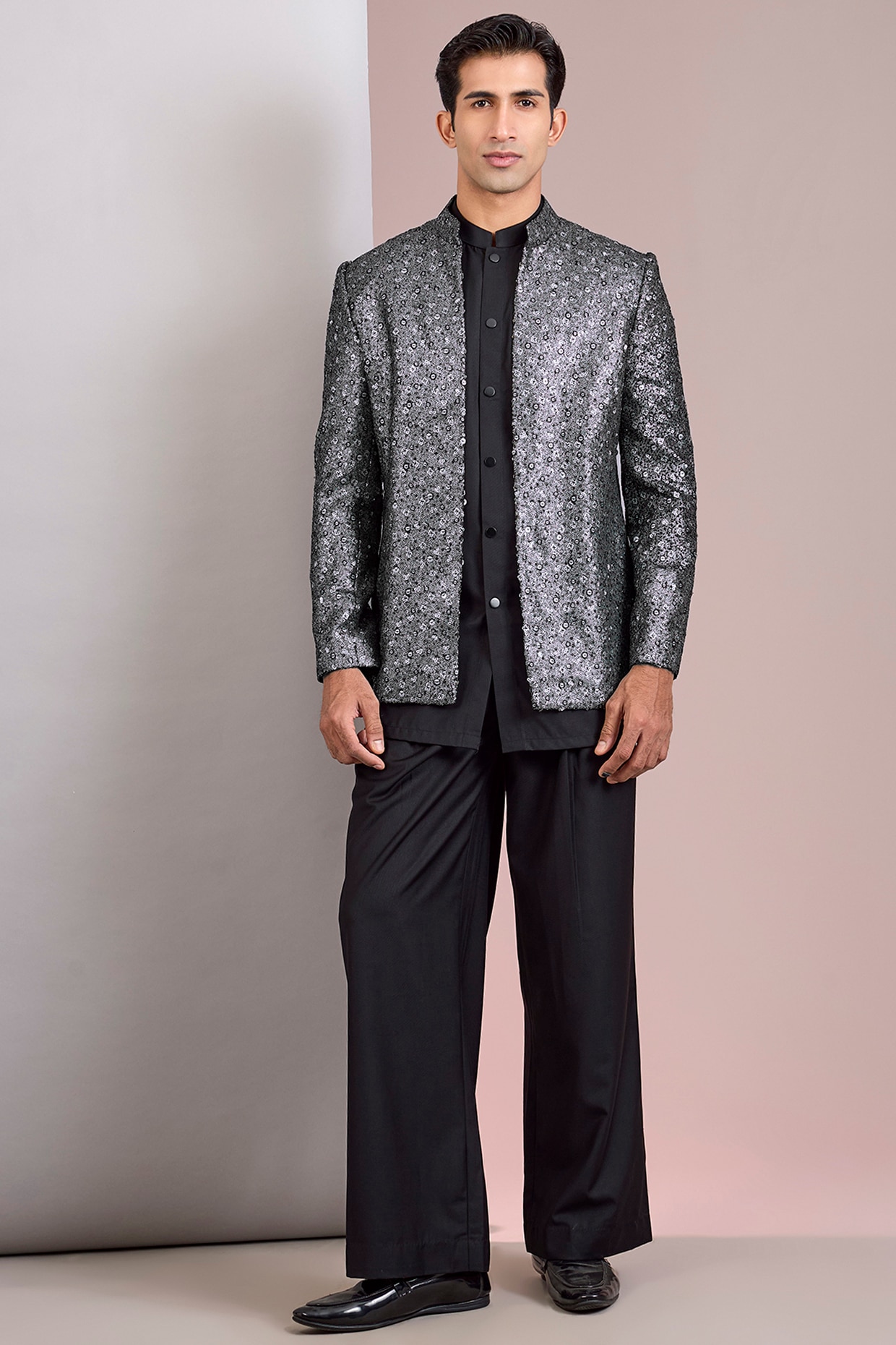 Bohame Silver & Black Modal Satin Chikankari Indowestern Jacket Set