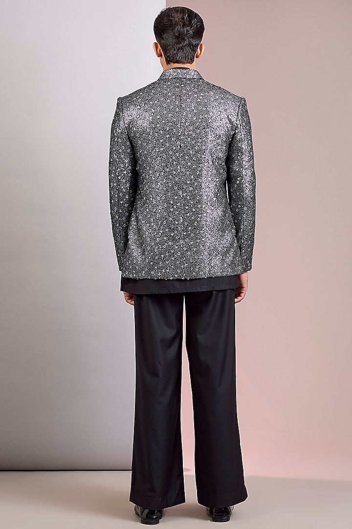 Silver & Black Modal Satin Chikankari Wedding Indowestern Jacket Set by Bohame Men at Pernia's Pop Up Shop