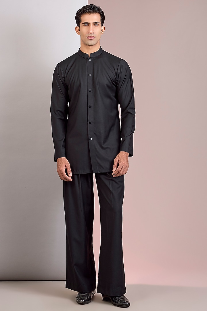 Silver & Black Modal Satin Chikankari Wedding Indowestern Jacket Set by Bohame Men at Pernia's Pop Up Shop