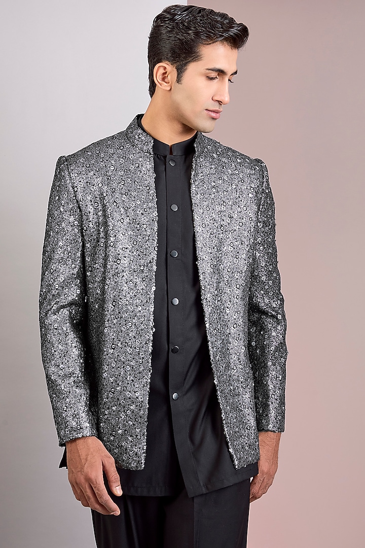 Silver & Black Modal Satin Chikankari Wedding Indowestern Jacket Set by Bohame Men at Pernia's Pop Up Shop