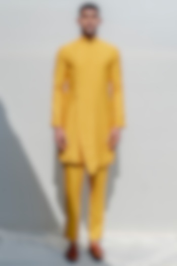 Mustard Asymmetrical Kurta Set With Fabric Buttons by Bohame Men
