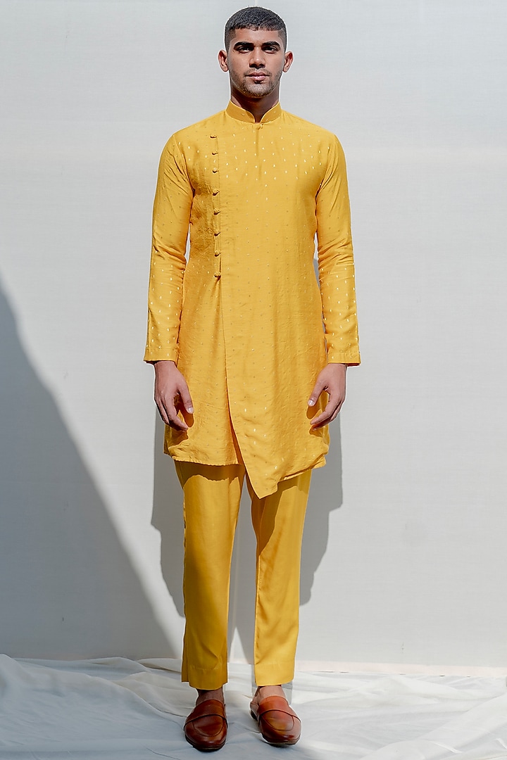 Mustard Asymmetrical Kurta Set With Fabric Buttons by Bohame Men