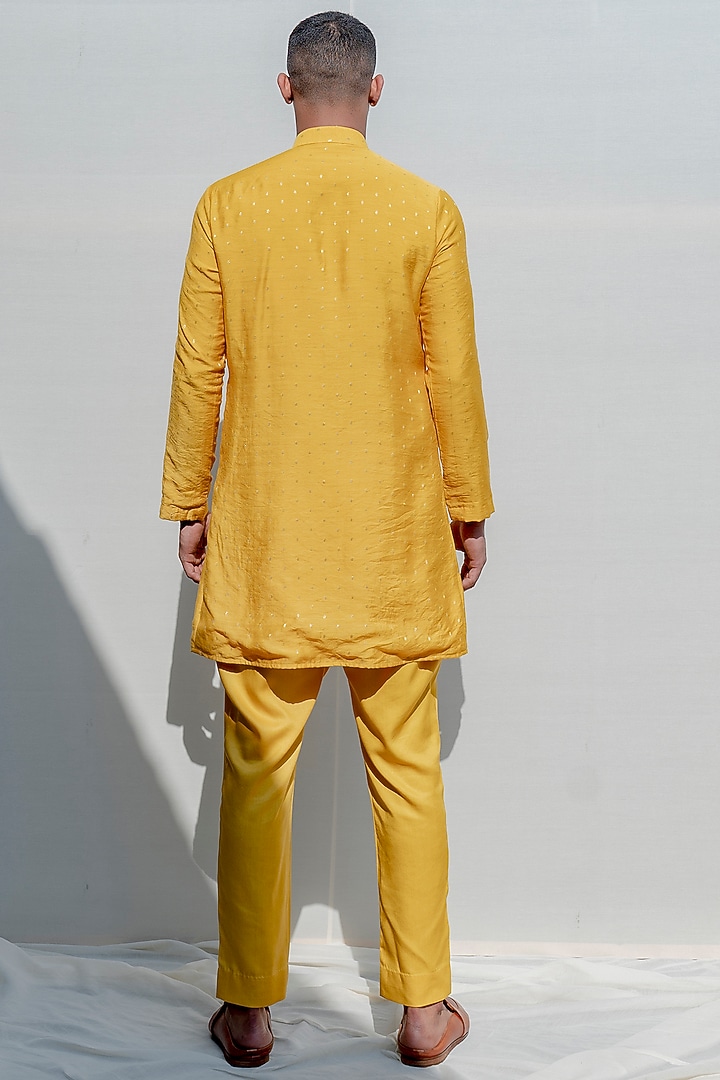 Mustard Asymmetrical Kurta Set With Fabric Buttons by Bohame Men at Pernia's Pop Up Shop