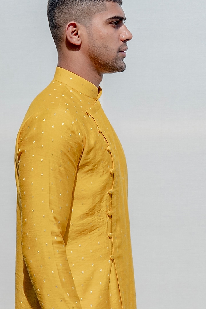 Mustard Asymmetrical Kurta Set With Fabric Buttons by Bohame Men at Pernia's Pop Up Shop
