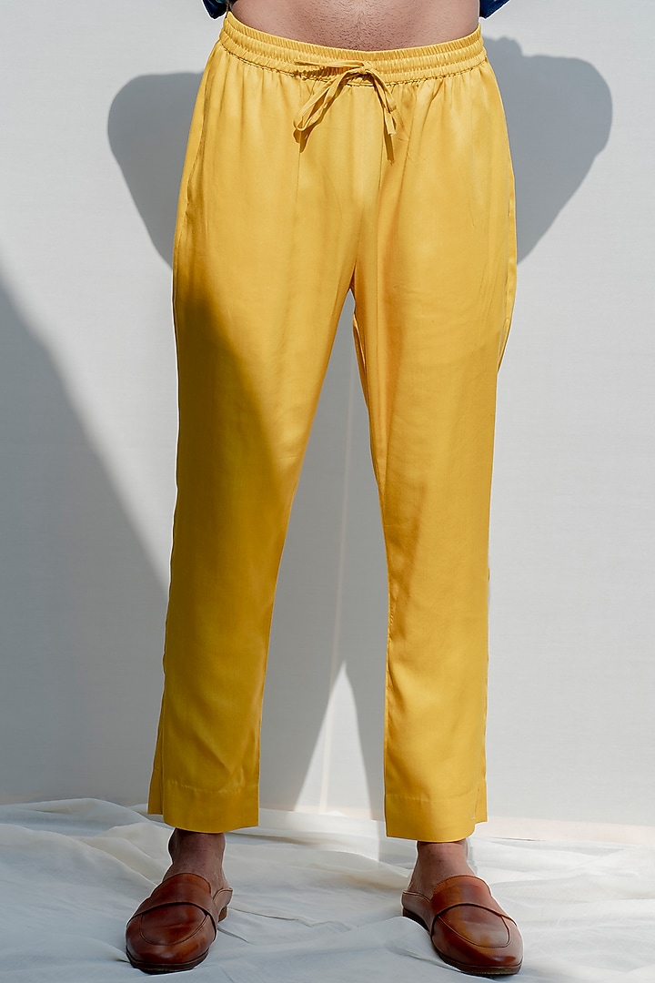Mustard Asymmetrical Kurta Set With Fabric Buttons by Bohame Men at Pernia's Pop Up Shop