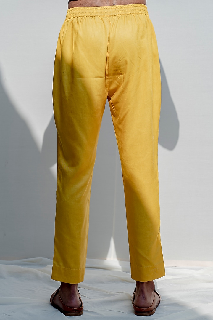 Mustard Asymmetrical Kurta Set With Fabric Buttons by Bohame Men at Pernia's Pop Up Shop