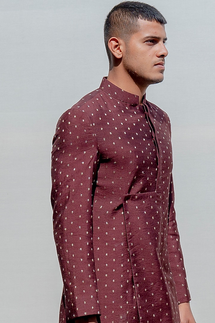 Brown Chanderi Asymmetrical Kurta Set by Bohame Men at Pernia's Pop Up Shop