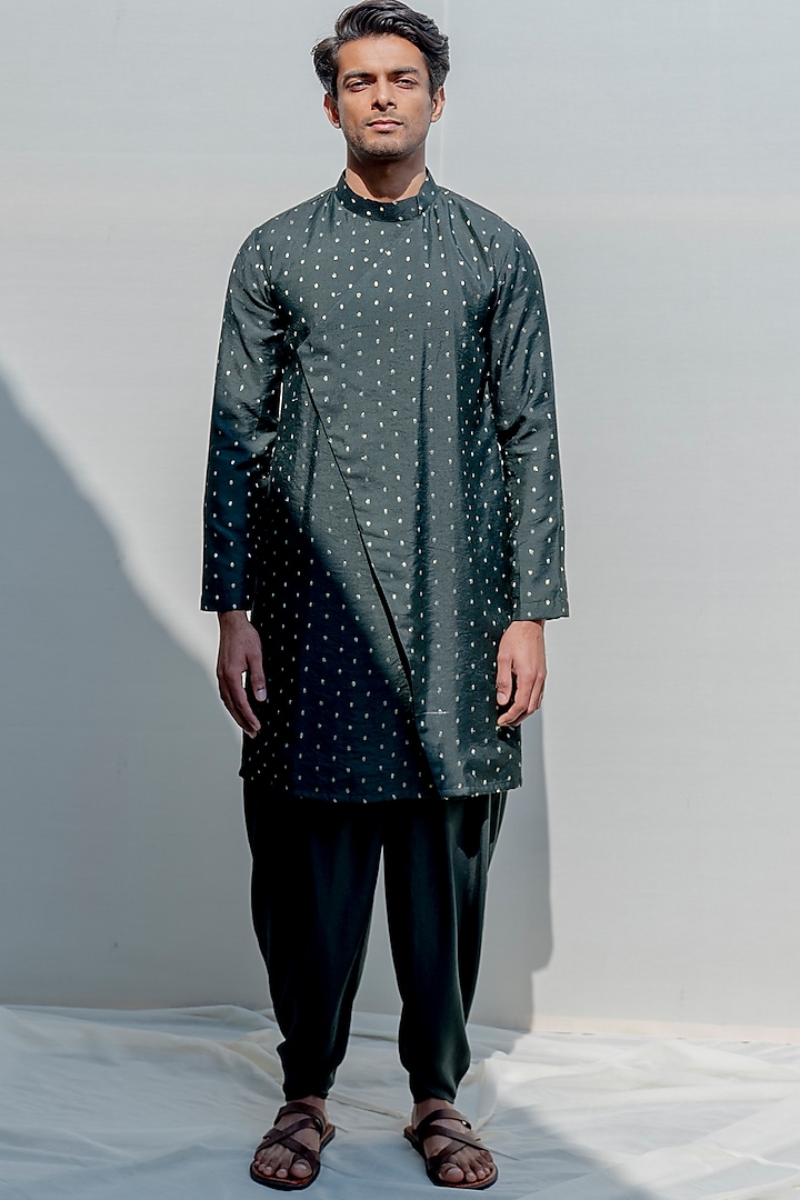 Bottle Green Asymmetrical Kurta Set by Bohame Men