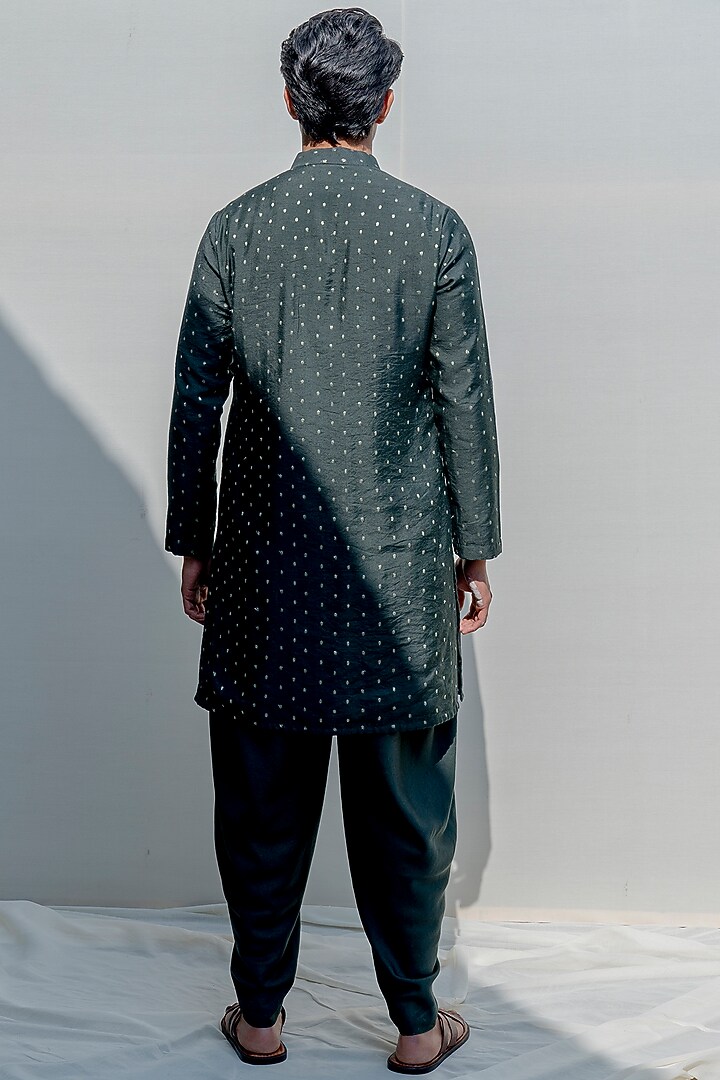 Bottle Green Chanderi Asymmetrical Kurta Set by Bohame Men at Pernia's Pop Up Shop