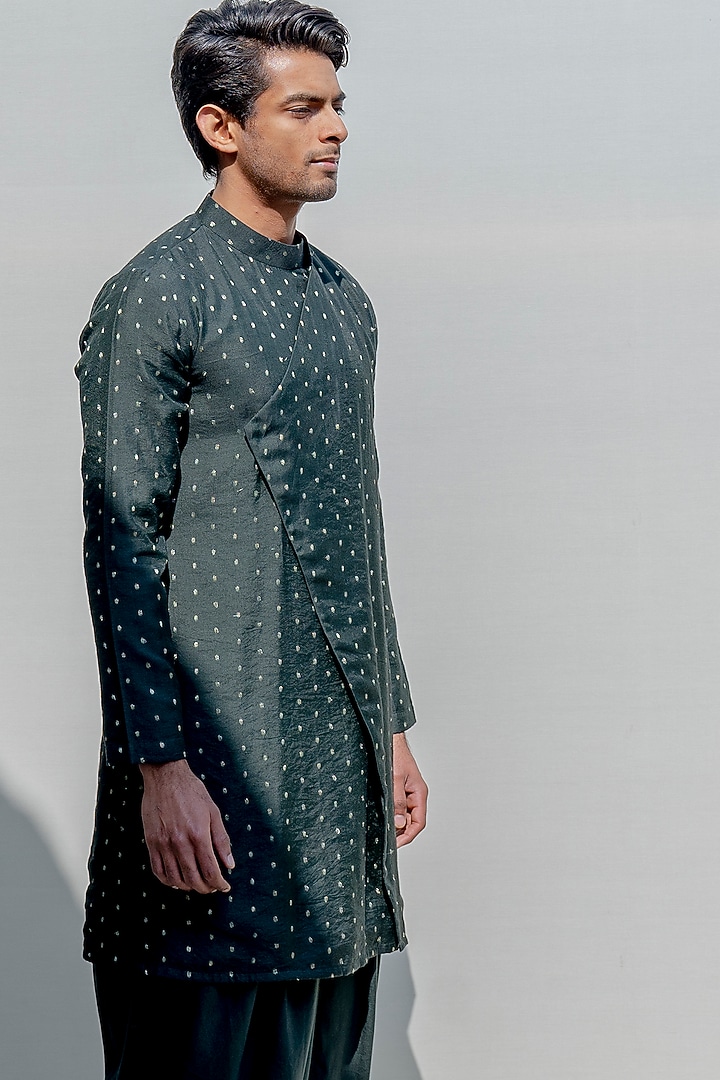 Bottle Green Chanderi Asymmetrical Kurta Set by Bohame Men at Pernia's Pop Up Shop