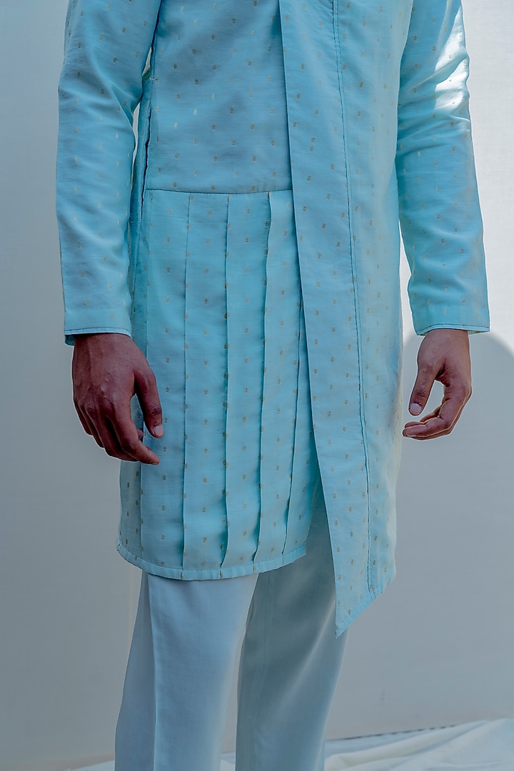 Mint Green Chanderi & Cotton Asymmetrical Kurta Set by Bohame Men at Pernia's Pop Up Shop
