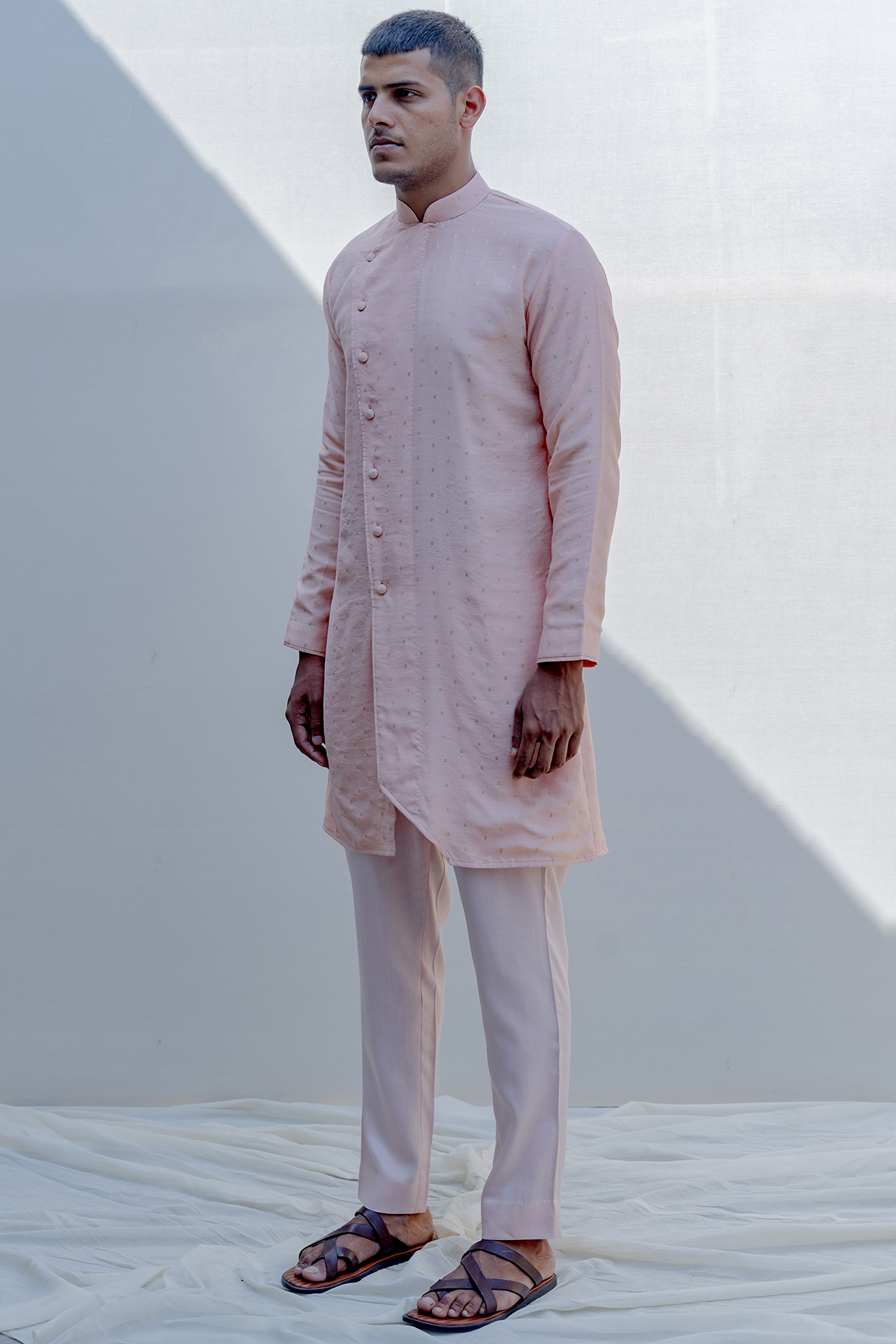 Peach Asymmetrical Kurta Set by Bohame Men