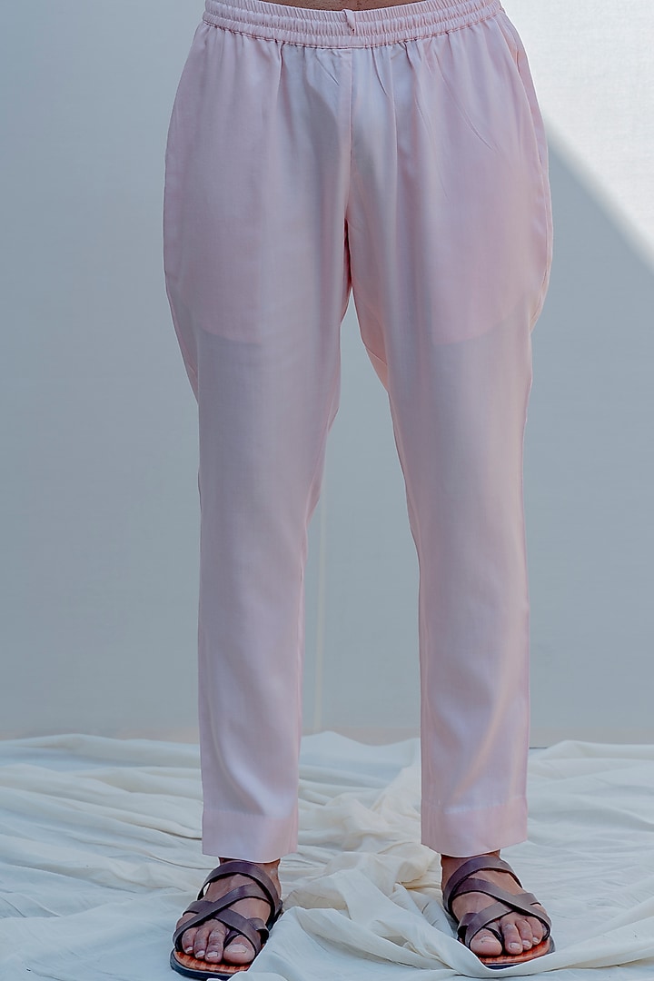 Peach Chanderi & Cotton Asymmetric Kurta Set by Bohame Men at Pernia's Pop Up Shop