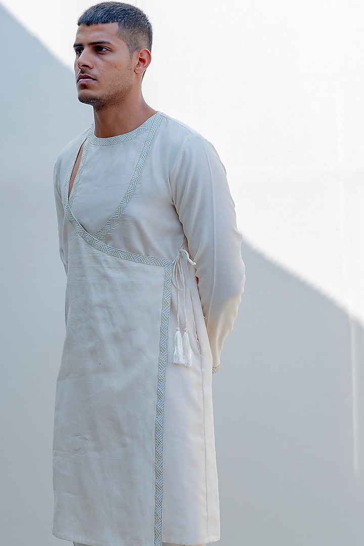 Off White Embroidered Angrakha Kurta Set by Bohame Men at Pernia's Pop Up Shop