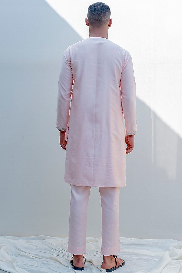 Peach Chanderi Silk Embroidered Angrakha Kurta Set by Bohame Men at Pernia's Pop Up Shop