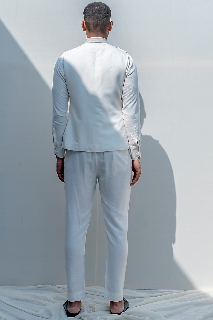 Off-White Silk Embroidered Bundi Jacket Set by Bohame Men at Pernia's Pop Up Shop