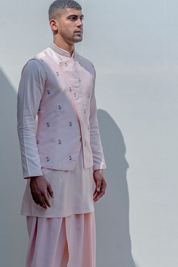 Peach Silk Overlapped Nehru Jacket Set by Bohame Men at Pernia's Pop Up Shop