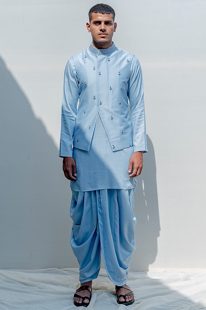 Light Blue Embroidered Bundi Jacket Set by Bohame Men