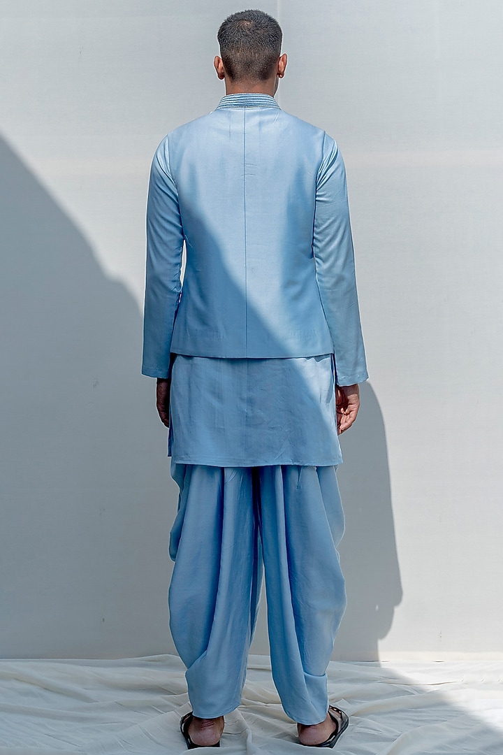 Light Blue Silk Floral Embroidered Overlapped Bundi Jacket Set by Bohame Men at Pernia's Pop Up Shop