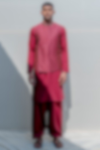 Rust-Colored Silk Floral Embroidered Overlapped Nehru Jacket Set by Bohame Men at Pernia's Pop Up Shop