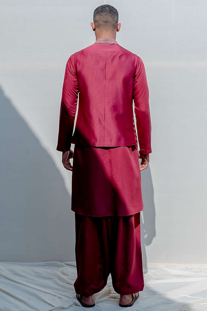 Rust-Colored Silk Floral Embroidered Overlapped Nehru Jacket Set by Bohame Men at Pernia's Pop Up Shop