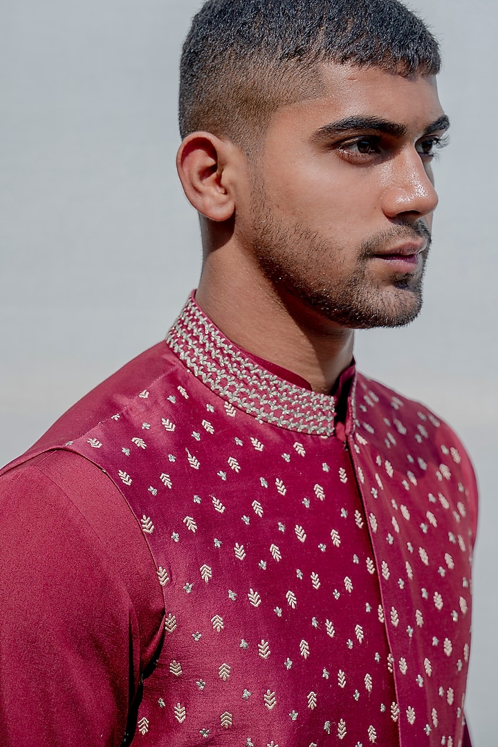 Rust-Colored Silk Floral Embroidered Overlapped Nehru Jacket Set by Bohame Men at Pernia's Pop Up Shop