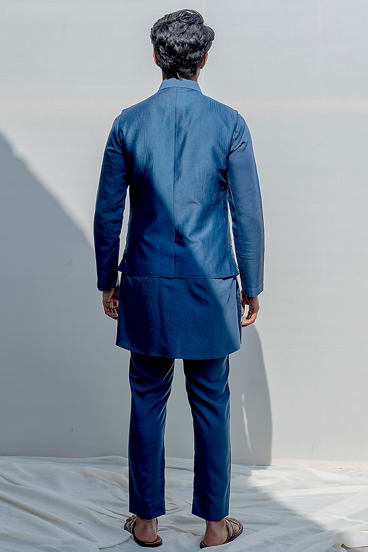 Turquoise Blue Silk Embroidered Nehru Jacket Set by Bohame Men at Pernia's Pop Up Shop