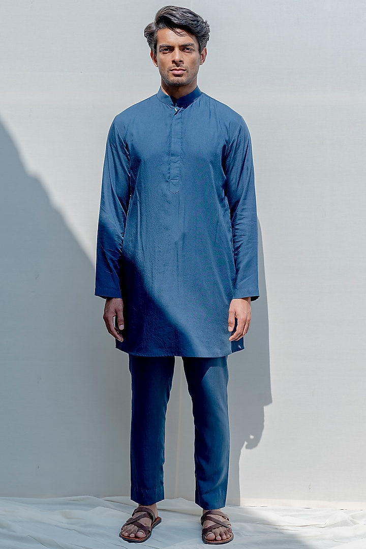 Turquoise Blue Silk Embroidered Nehru Jacket Set by Bohame Men at Pernia's Pop Up Shop
